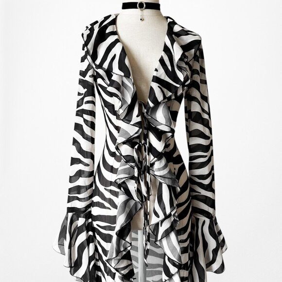 Black White Zebra Print Long Bell Sleeves Ruffle Maxi Cardigan Dress Size S - Picture 4 of 9
